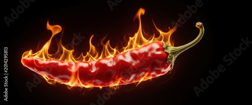 Red hot chili pepper engulfed in flames on dark background