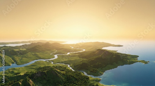 Scenic landscape of lush green hills and winding river at sunset. Biblical seventh day of creation representing peace and rest. Untouched earth nature concept in the book of Genesis.