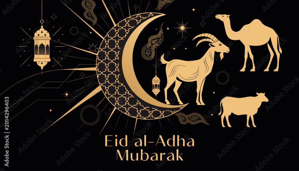 Fototapeta premium Islamic Eid Al-Adha vector featuring crescent moon, golden goat, Camel, Cow lanterns, and elegant Arabic calligraphy decorative elements.