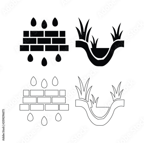 Permeable Paving and Bioswale Vector Icon Set. Green Infrastructure and Stormwater Management Symbols in Outline and Solid Style.