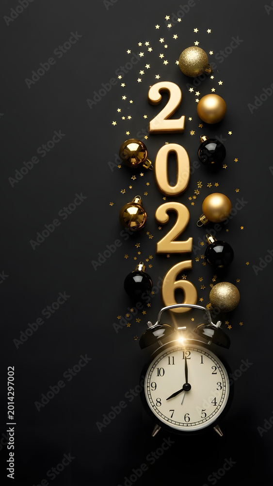 Fototapeta premium 2026 numbers with alarm clock and golden ornaments on black background