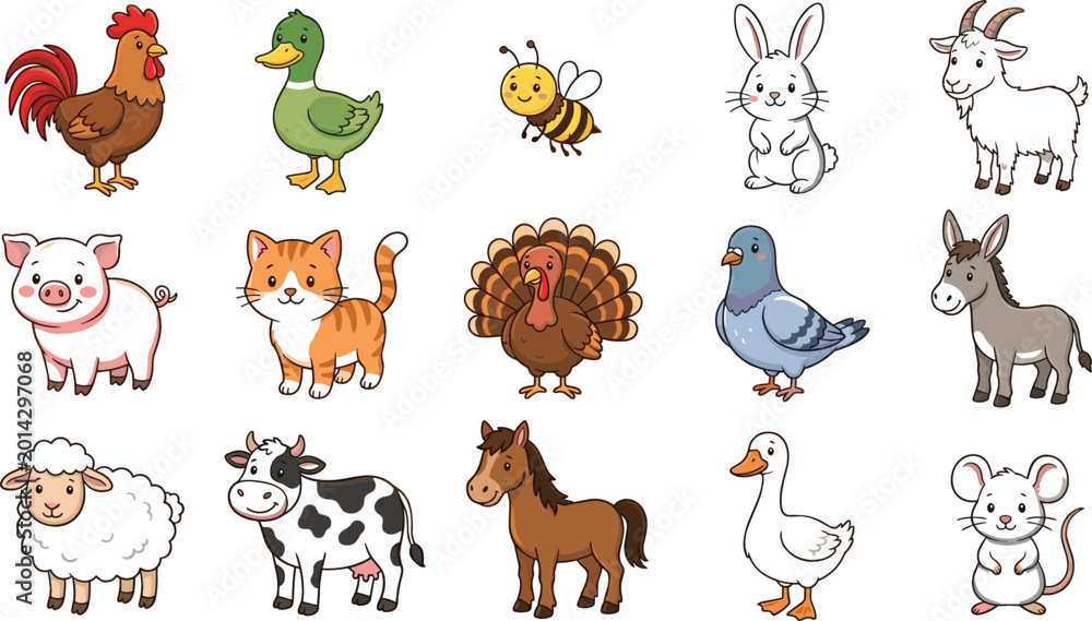 Obraz premium Large Collection of Cute Cartoon Farm Animals and Domestic Pets Including Cow Horse Pig Sheep Chicken And Rabbit For Children Education Design