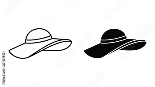 Wide brimmed sun hat in black and white line art style