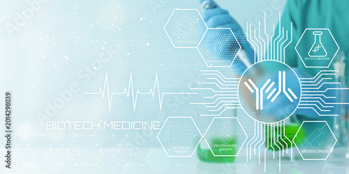 Modern biotechnology medicine concept featuring advanced scientific research with digital and biological elements