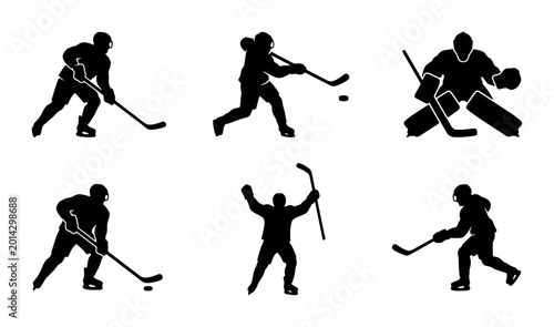 Canvas Print Ice Hockey Player Silhouettes, 6 Action Poses Vector Set, Sports Graphics for Ga