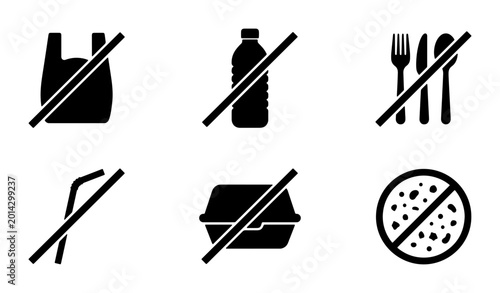 Billede på lærred Plastic Free Icons Set, No Single-Use Items Vector Graphics, Eco-Friendly Lifest