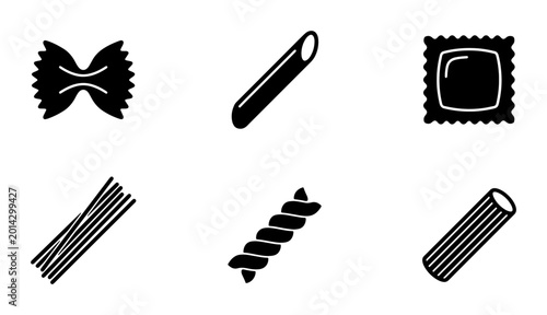 Obraz na płótnie Six Black Silhouette Pasta Icons, Vector Food Shapes for Culinary Design, Italia