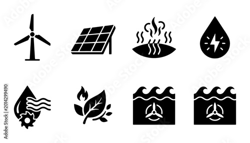 Schilderij op canvas Renewable Energy Icons Set: Solar, Wind, Geothermal, Hydro, Biomass, Water Power