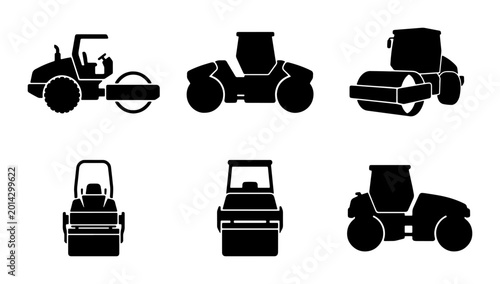 Foto Road Roller Vector Icons Set, Compactor Machine Silhouettes, Construction Equipm