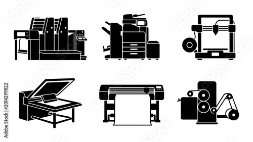 Bild auf Leinwand Industrial Printing Equipment Icons, Manufacturing Machines, 3D Printer, Offset