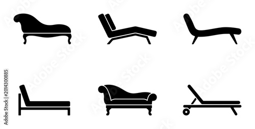 Konstfotografi Collection of Six Black Silhouette Chaise Lounge Icons, Modern and Classic Furni