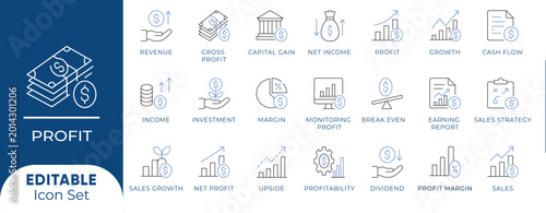 Tableau sur toile Profit and financial growth icon set featuring capital gain, net income, revenue margin, dividend earnings, cash flow, and profitability