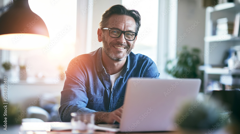 Obraz premium Mature man smiling at home office desk, working remotely with laptop, enjoying comfortable work life balance