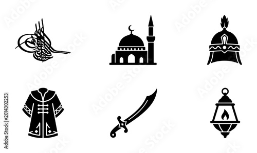 Bild auf Leinwand Ottoman Empire Icons Set: Tughra, Mosque, Helmet, Robe, Scimitar, Lantern, Islam