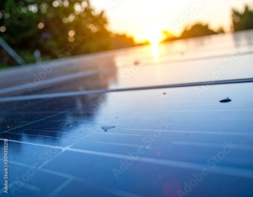 Solar panels reflect setting sun, showing water droplets