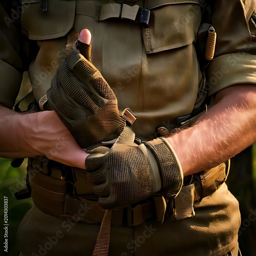 Soldier adjusting tactical gloves in uniform