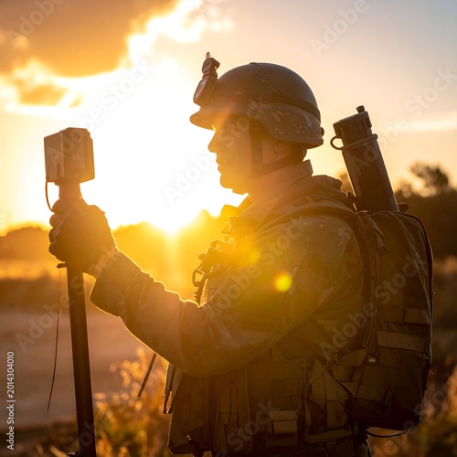Soldier aims device at golden sunrise, tactical gear