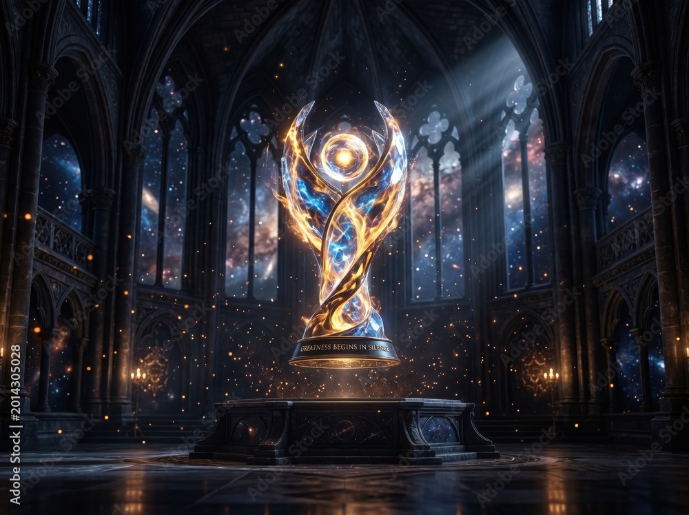Fototapeta premium Epic fantasy trophy with cosmic energy in ancient gothic hall