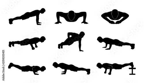 Fotografía Fitness Silhouette Set: Diverse Push-Up Variations, Exercise Poses, Workout Icon