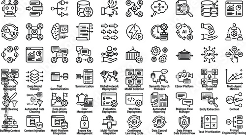 Bilde på lerret AI data engineering workflow outline icon set with automation model training and