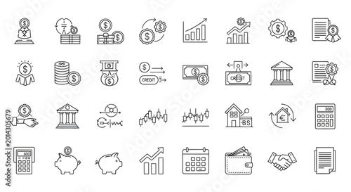 A set of line icons depicting financial concepts, including charts, coins, bank buildings, and calculators, arranged in a grid on a white background.