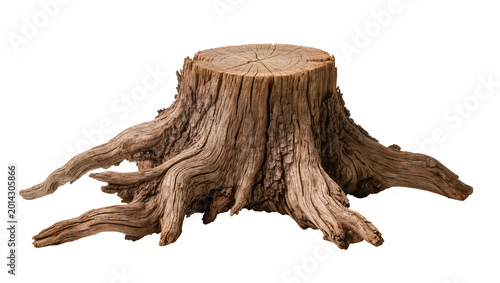 Foto Isolated ancient weathered tree stump with intricate gnarled roots, organic natural wood texture