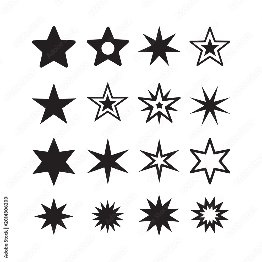 Obraz premium Collection of black stars in various shapes and point counts on a white background