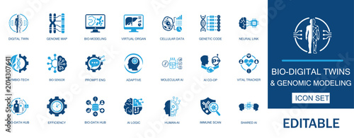 Konstfotografi Bio-digital twins and genomic modeling icons set