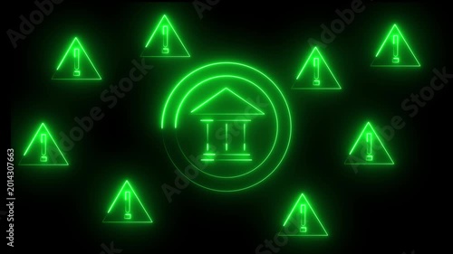 Neon green modern financial fraud and cybersecurity scam concept with warning symbols and secure system interface. Phishing, identity theft and online banking protection. 4k video animation.