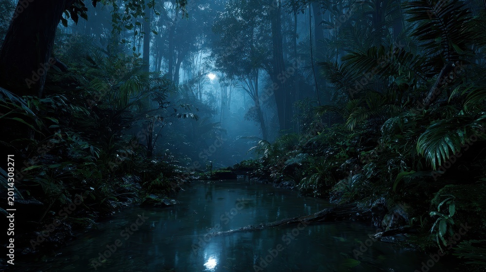 Fototapeta premium Moonlit tropical jungle at night with mist and reflective water