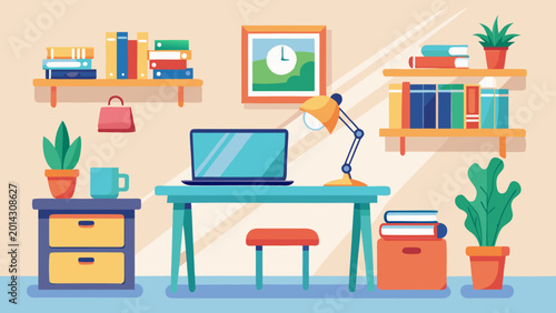 Tableau sur toile Modern home office setup with desk, laptop, shelves, and decorative plants