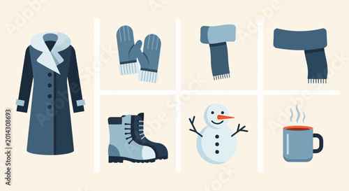 Photos Winter clothing and accessories collection, including a coat, gloves, scarf, boo