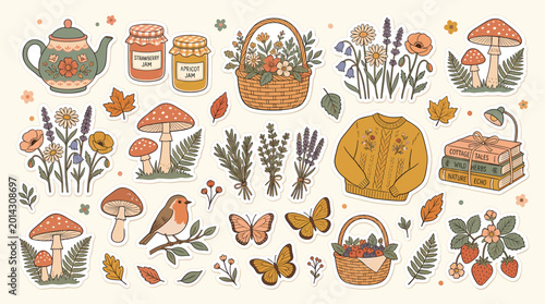 Photography Cottagecore aesthetic vector sticker set, rustic autumn forest elements with mus