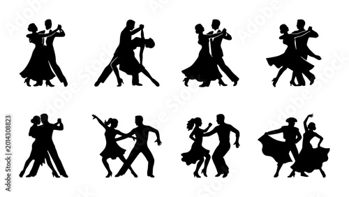 Tableau sur toile Elegant Ballroom Dance Silhouettes, Romantic Couple Poses, Classic Waltz and Tan