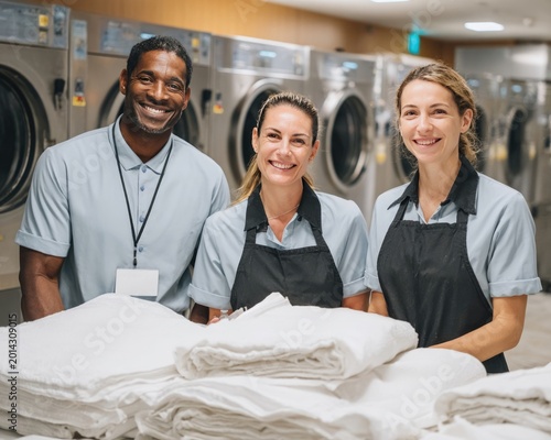Hotel housekeeping staff folding fresh linens in a bright laundry room, teamwork smiles, International Labour Day card on the table, hospitality labor appreciation, clean and crisp visuals