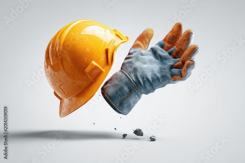 Hyper-detailed 3D render of a worker's glove mid-air catching a falling hard hat, frozen moment, white studio background, labor safety concept, product photography quality