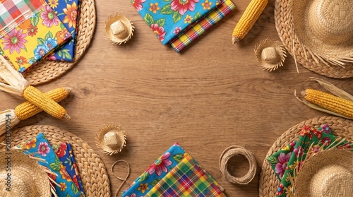 Festa Junina: Wooden Flat Lay with Straw Hats, Corn, and Fabric