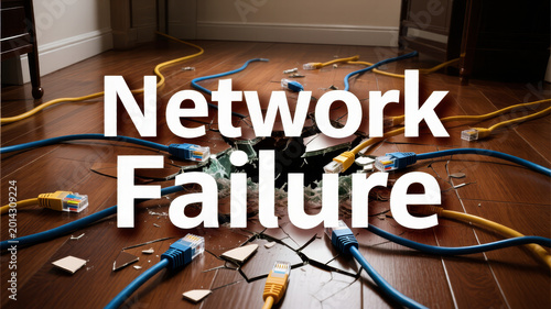 Broken network cables across modern office floor illustrating communication collapse and severe digital infrastructure instability