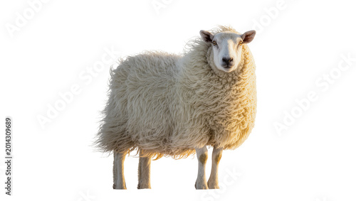 Photography Isolated white woolly sheep standing gracefully, a farm animal looking directly