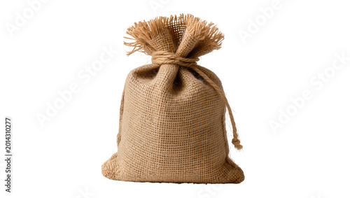 Tableau sur toile Isolated small burlap sack tied with natural string, empty rustic textile pouch