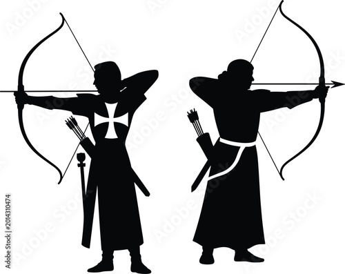 Photos Silhouette of Medieval Archers with Bow and Arrow Isolated on Gray Background fo