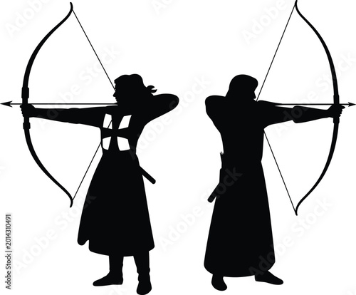 Bild auf Leinwand Silhouette of Two Medieval Archers Aiming Bow and Arrow Isolated on Gray Backgro
