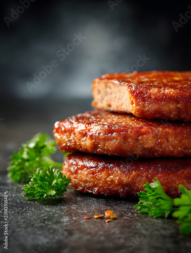 Juicy plant based meat patty stack with browned glaze and parsley garnish, closeup texture and sliced edge showing interior, savory vegan alternative for burger or dinner
