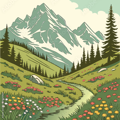 Canvastavla Alpine meadow with blooming wildflowers and a stream leading to snow-capped moun