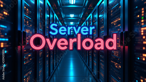 Futuristic server corridor with glowing typography representing catastrophic processing overload and severe infrastructure instability