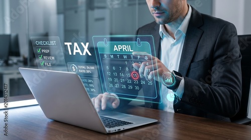 Man working on laptop with virtual screen displaying tax information, tax return filing deadline in april, business financial planning and digital tax management