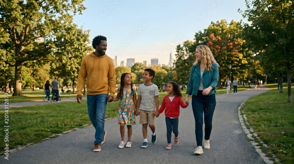Obraz premium Diverse family walking hand in hand in central park