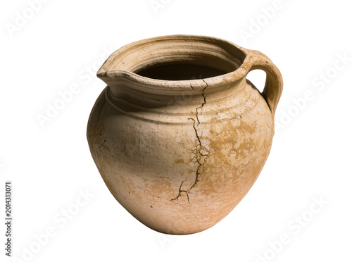 Obraz na płótnie Isolated rustic earthenware jug, antique pottery with cracks, historical ceramic