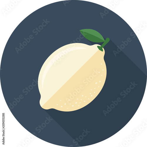Foto Fresh lemon fruit icon flat vector illustration with green leaf on dark blue bac