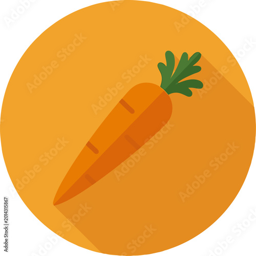 Fotografie Fresh carrot with green leaves and shadow on orange circle background, healthy f